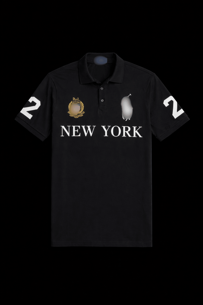 New York Polo shirt by Theplugcrew displayed on a hanger, featuring a classic polo design in vibrant colors.